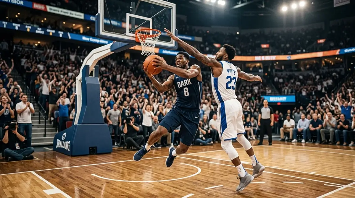 Professional basketball players competing during an NBA game with the ball in mid-air near the hoop