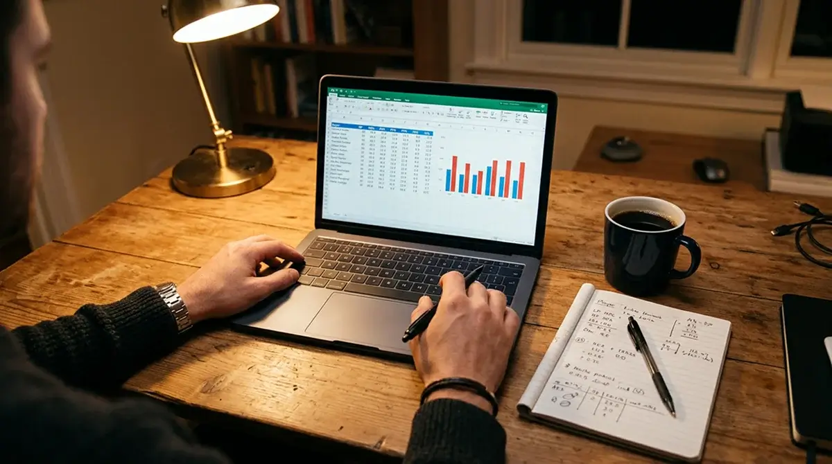 Person reviewing basketball statistics and performance data on a laptop screen at a desk