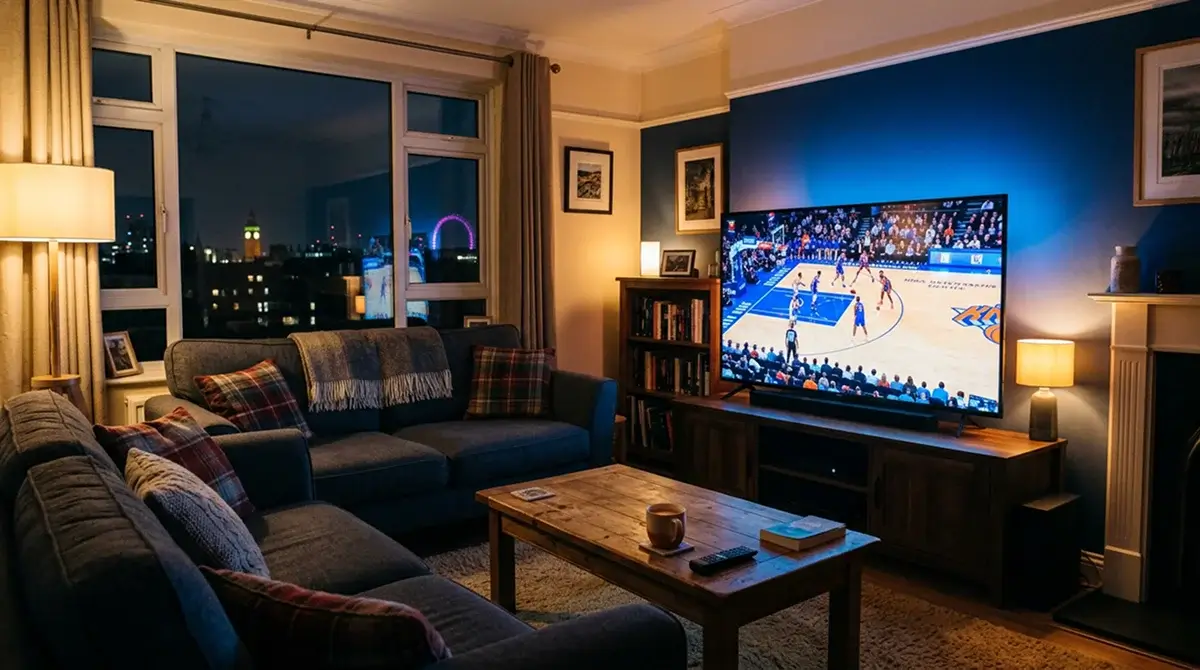 NBA basketball game broadcast on a UK television screen showing live coverage of an American basketball match