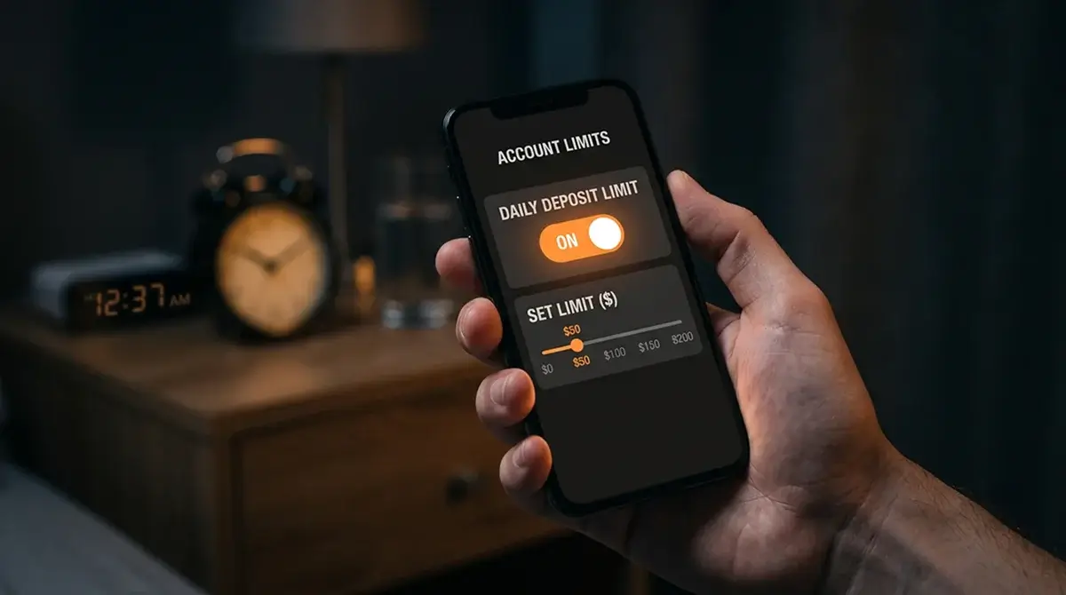 Smartphone displaying sports betting app with deposit limit and session timer settings activated