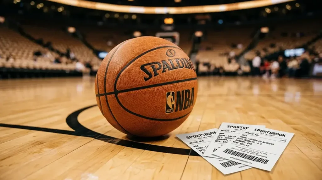 Close-up of a basketball on a polished hardwood NBA court with multiple betting slip receipts fanned out beside it