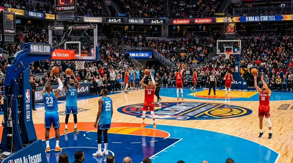 NBA All-Star Game warm-up scene with players in colourful jerseys shooting around on a specially designed court