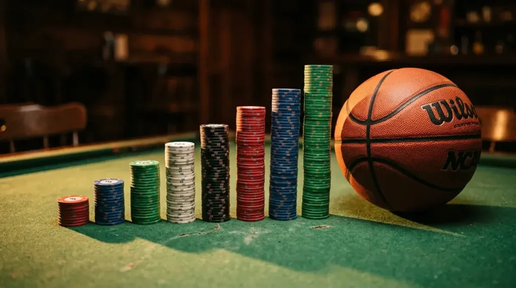 Neat stack of poker chips arranged in ascending columns beside a basketball on a green felt surface
