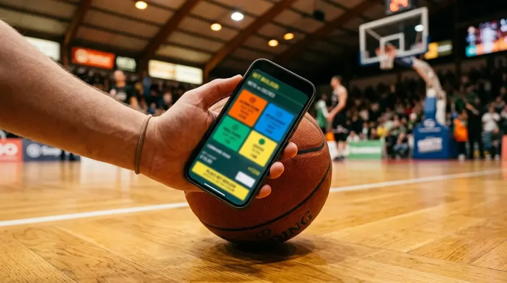 A smartphone screen showing an NBA bet builder interface with multiple selections on a basketball court background