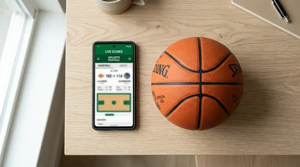 Smartphone lying flat on a wooden table next to a basketball with the phone screen glowing and showing a sports betting interface