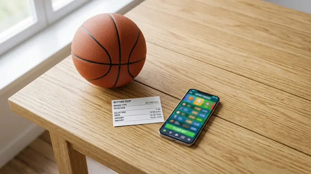 A basketball and a betting slip on a wooden table with a UK sportsbook app open on a smartphone