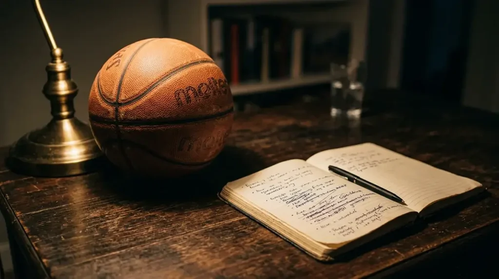 Basketball on a desk beside a notebook with crossed-out betting selections