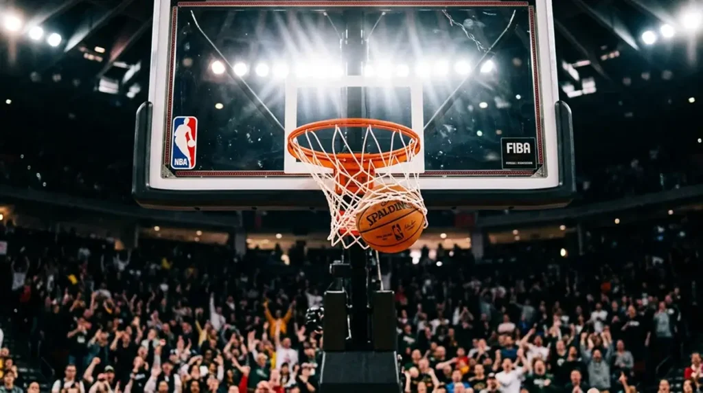 Basketball going through an NBA hoop net with bright arena lights flaring in the background