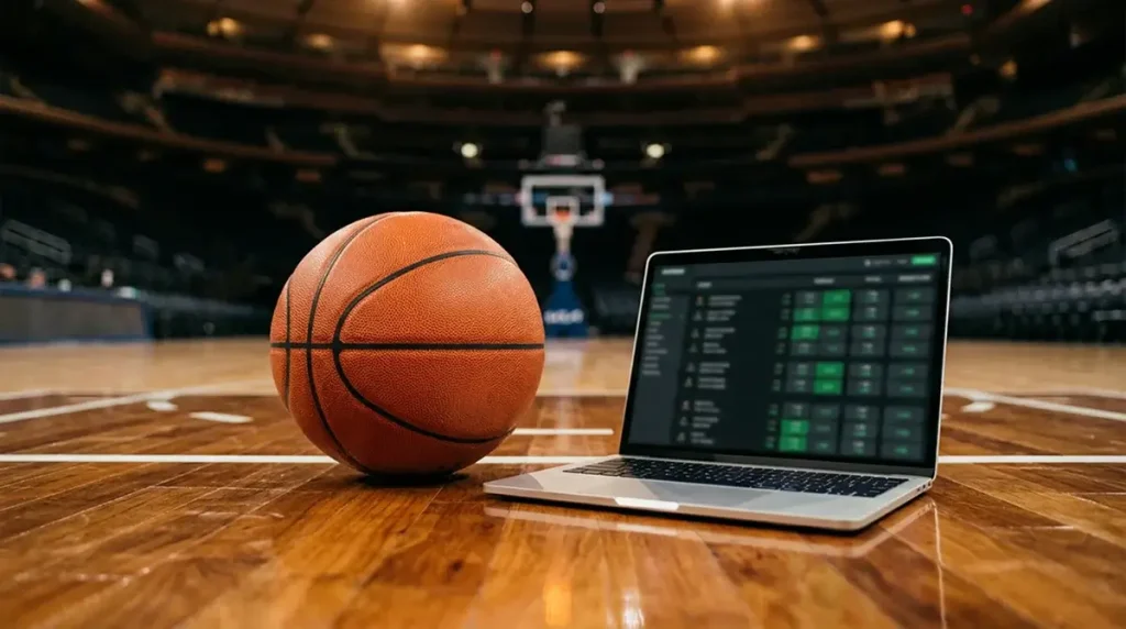 Close-up of a basketball resting on a polished hardwood court beside a laptop showing sportsbook odds