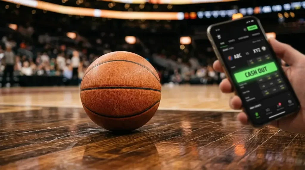 Basketball next to a sportsbook screen displaying a cash out button during a live NBA game