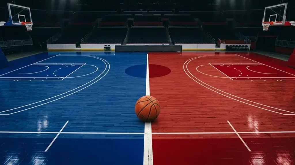 Basketball court split between Eastern and Western Conference colours with a trophy at centre