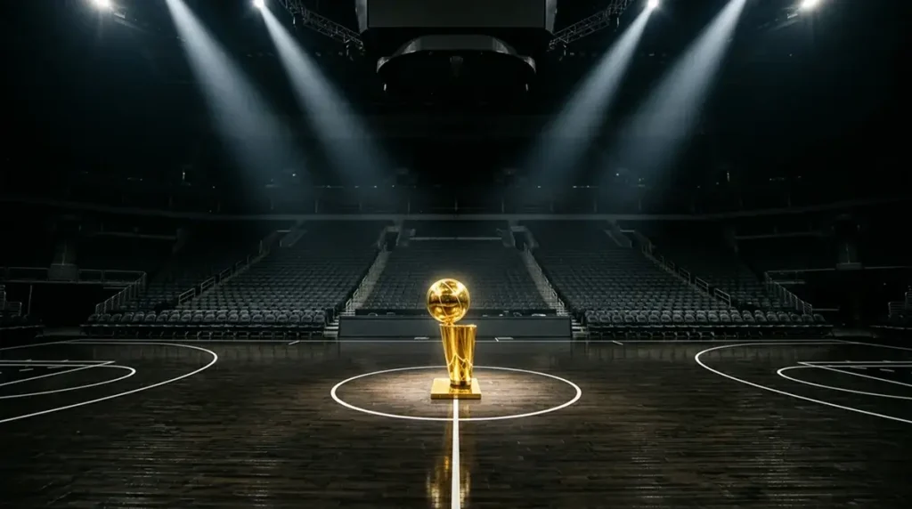 NBA Finals trophy on a basketball court with arena lights in the background