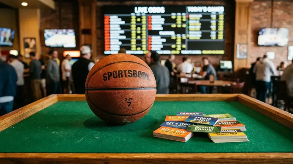 A basketball next to a promotional free bet voucher on a sportsbook counter with odds boards in the background