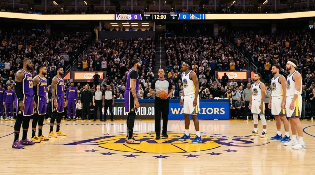 Side view of two NBA teams lining up at centre court before tip-off with the scoreboard showing zero-zero