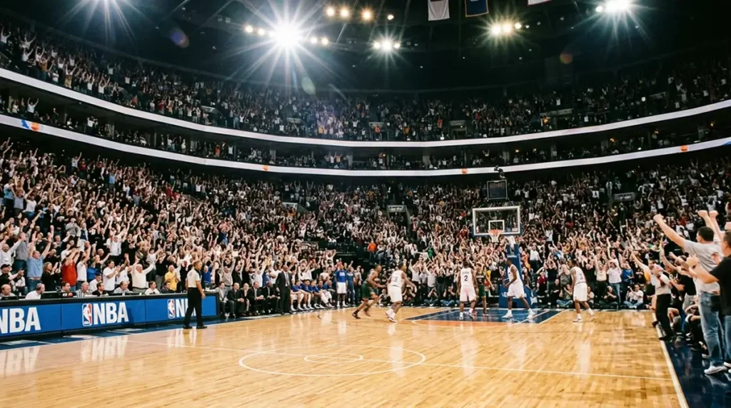 Packed NBA arena with fans cheering during a home game under bright court lights
