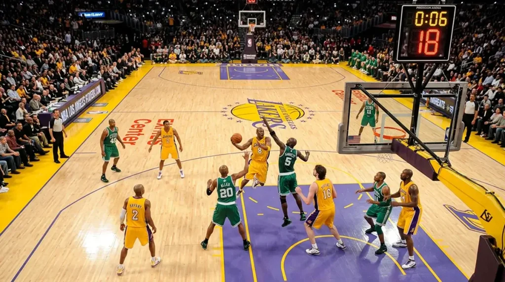Overhead view of an NBA basketball game in progress with the shot clock visible and players mid-action on a brightly lit court