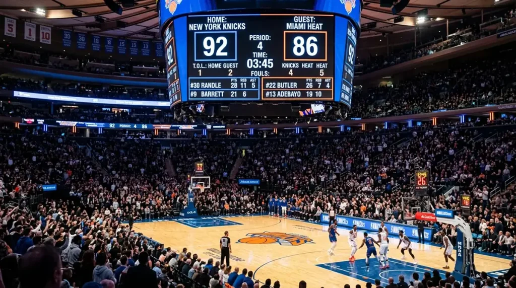 Digital scoreboard in an NBA arena showing updated game odds with the court visible below