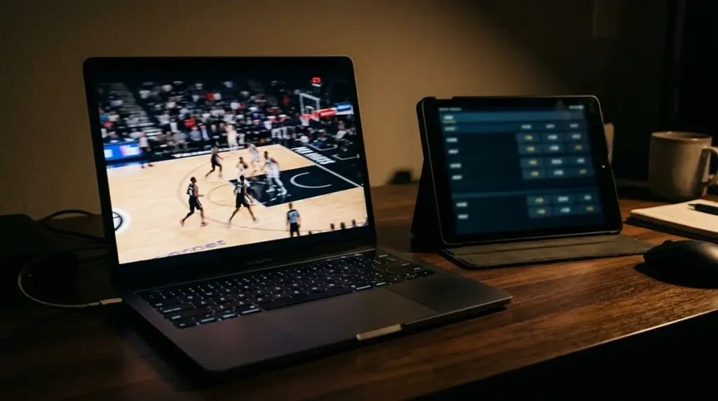 Laptop showing a live NBA game stream next to a tablet with in-play betting odds