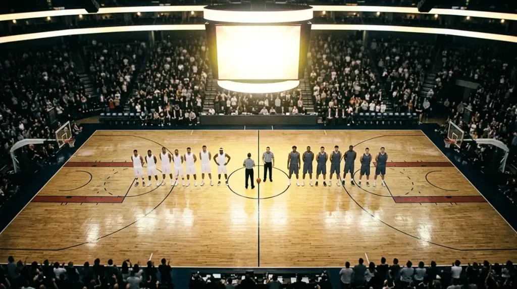 Two NBA teams lined up at centre court for tip-off with the arena jumbotron showing matchup odds above