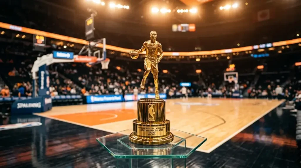 An NBA MVP trophy displayed under arena lights with a basketball court in soft focus behind it