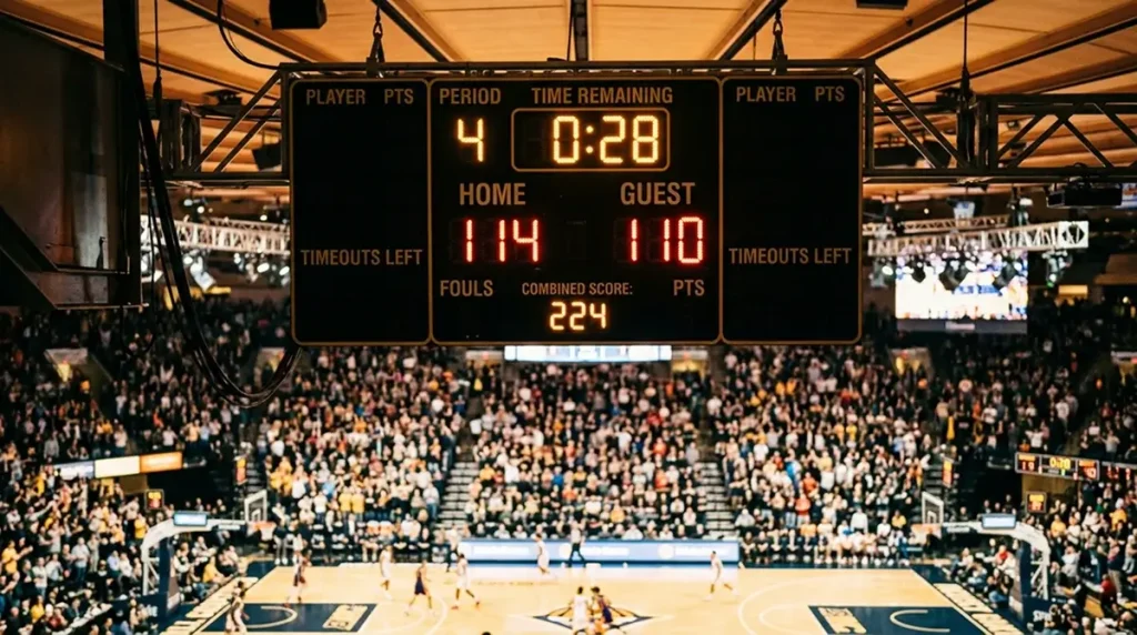 A basketball scoreboard showing a high combined score during an NBA game with the arena crowd in the background