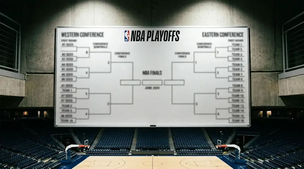 An NBA playoff bracket board displayed on an arena scoreboard with empty basketball court seats below