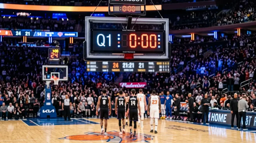 An NBA arena shot clock and scoreboard showing the end of the first quarter with players walking to the bench