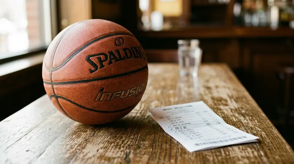 Basketball and a bet slip showing multiple player prop selections for a single NBA game