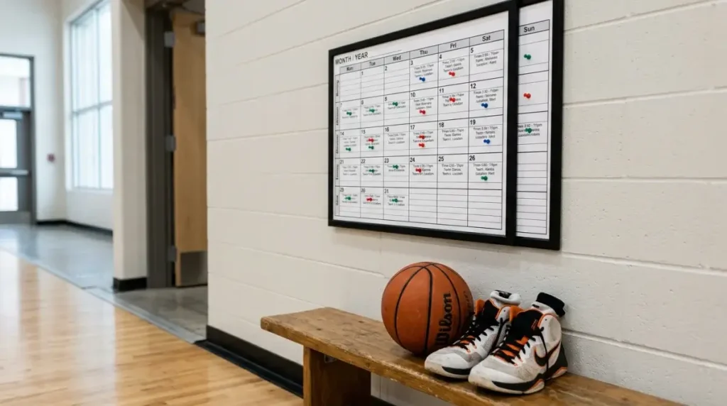 NBA schedule calendar with highlighted back-to-back game dates and travel routes across the United States