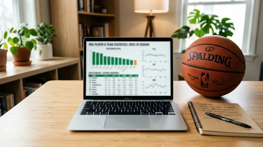 Laptop open on a desk displaying basketball statistics and charts with a basketball resting beside it