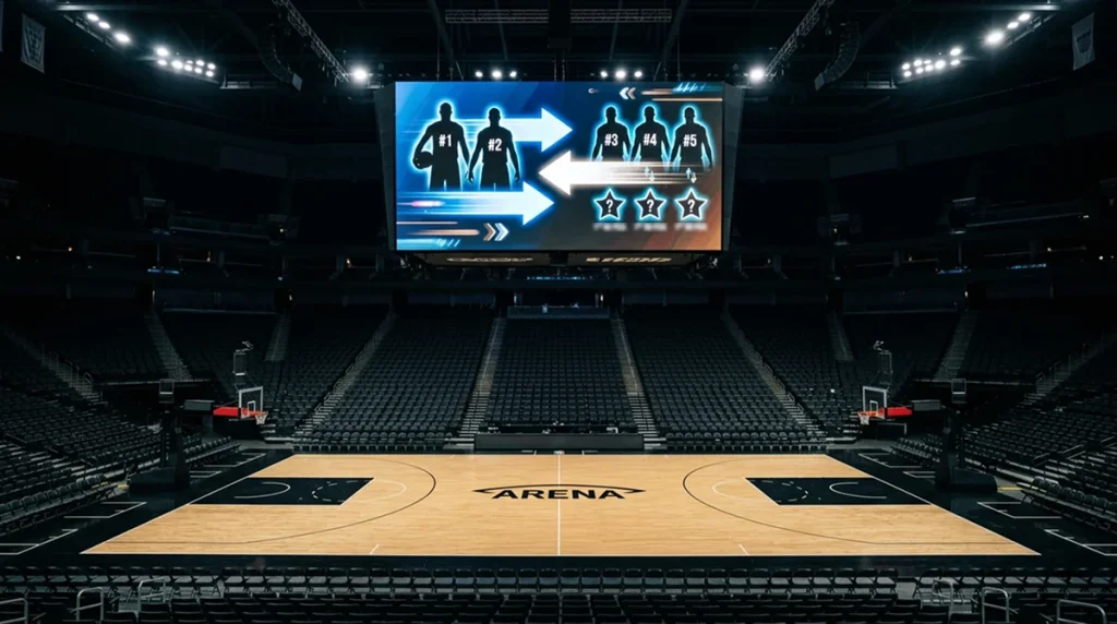 Basketball court with a digital ticker showing NBA trade deadline player movements